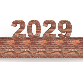 Brick New Year 2029 set on a stone wall in front. Post idea for a construction company. 3d rendering