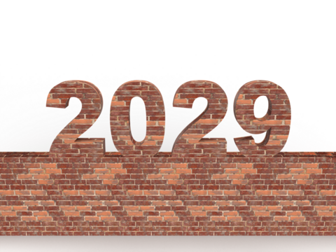 Brick New Year 2029 set on a stone wall in front. Post idea for a construction company. 3d rendering