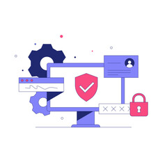 Computer With Shield Icon And Security Elements In Flat Vector Illustration Symbolizing Online Data Protection, Privacy, And Cybersecurity, Isolated On White Background.