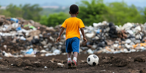 Child playing soccer near a large garbage heap, drawing attention to poverty and environmental pollution concerns