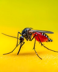 Fototapeta premium Close up of a Mosquito Insect Red Abdomen Yellow Background Detailed Macro Photography