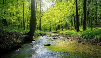 Fototapeta premium A serene forest scene with a gentle stream flowing through lush greenery.
