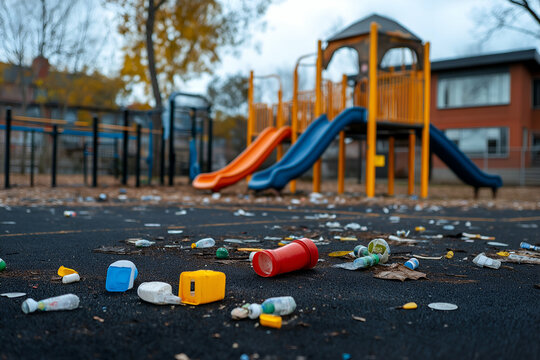 Plastic trash covers the ground of a schoolyard playground, highlighting the environmental problem of plastic pollution and its impact on children's play areas - Powered by Adobe