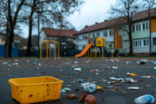 Yellow cleaning bucket sits on a littered schoolyard playground, highlighting environmental pollution and the need for waste management