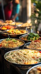 A vibrant display of various noodle dishes at a food market.