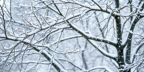 Obraz premium Snowflakes gently fall onto the frozen branches of a deciduous tree, frosty mornings, frozen branches, snowfall