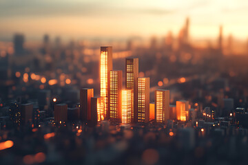 Golden Hour Cityscape: Illuminated Towers at Sunset. A captivating modern metropolis skyline, glowing with warm light against the darkening sky.  Urban architecture at its finest.