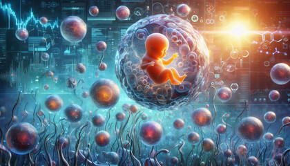 Obraz premium A fetus surrounded by a high-tech digital matrix with glowing cells, symbolizing technology and the miracle of life