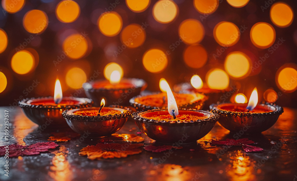 Poster row of candles are lit and sitting on a table. there are six candles in total