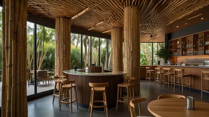 Fototapeta premium Modern bar with bamboo interior, circular bar, and outdoor seating.