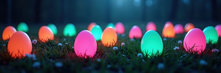 Colorful glowing eggs scattered in a grassy field, creating a magical atmosphere perfect for Easter, spring events, or festive celebrations.