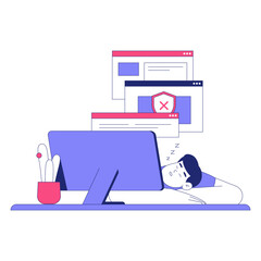 Male Sleeping At Desk With Error Screens On Computer In Flat Vector Illustration Symbolizing Overwork, Exhaustion, And Technical Issues, Isolated On White Background.