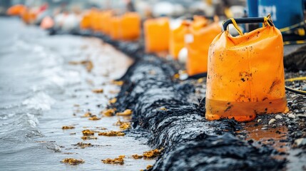 Naklejka premium Oil Spill Management Concept, Cleanup of Oil Spill Using Absorbent Materials and Booms on Shoreline for Environmental Restoration Efforts in Coastal Areas