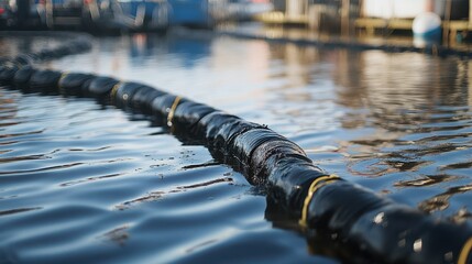 Oil Spill Management Concept, Rows of Floating Containment Booms in a Tranquil Water Area for Environmental Protection and Spill Management Strategies