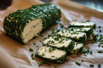 Goat Cheese Log with Herbs: A goat cheese log coated in chopped fresh herbs