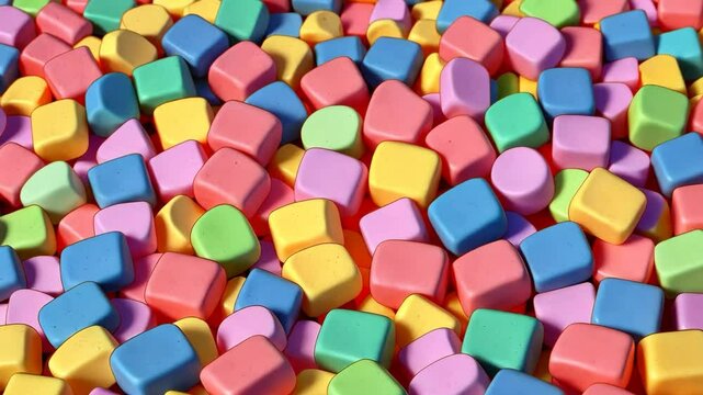 Video footage of colorful assortment of small, square, rubber-like blocks in various shades of pink, blue, yellow, green, and purple, creating a vibrant and playful pattern