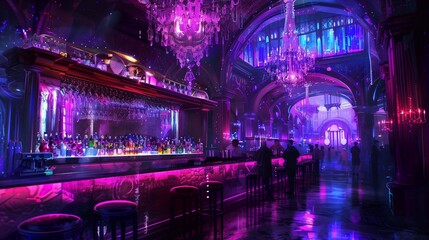 Colorful lighting fills the trendy nightclub as patrons enjoy drinks and the energetic ambiance