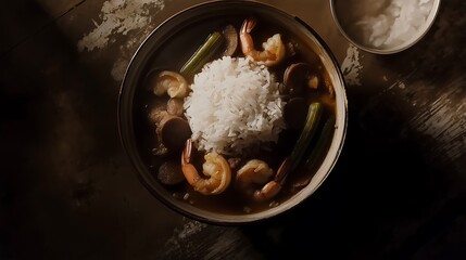A bowl of shrimp and vegetables served with rice, showcasing a rich, savory broth, set against a rustic wooden background.