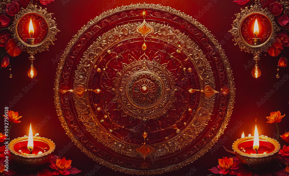 Poster red and gold circle with a gold border. there are three candles in the circle