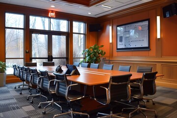 Fototapeta premium Spacious conference room with a large table, comfy chairs, and AV equipment
