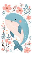 Fototapeta premium Cute Whale with Floral Design Baby Animal Illustration Nursery Decor Kids Art
