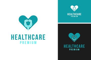 Heart and stethoscope healthcare logo design for clinics template vector illustration