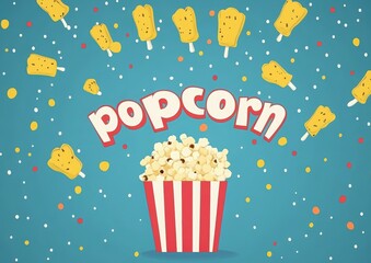 National Popcorn Day. retro design with the word "popcorn" on a blue background, a cute popcorn in a red striped bucket, and yellow corn popsicles flying around it. cinema poster or movie theater