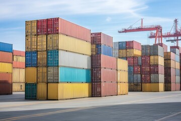 Cargo containers stacked at a busy shipping terminal in daylight hours