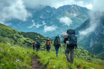 Fototapeta premium Groups of outdoor enthusiasts trek along a winding path through vibrant mountain scenery