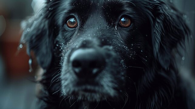 Black dog with wet fur and sad eyes appears ill, likely suffering from parvo virus, during evening