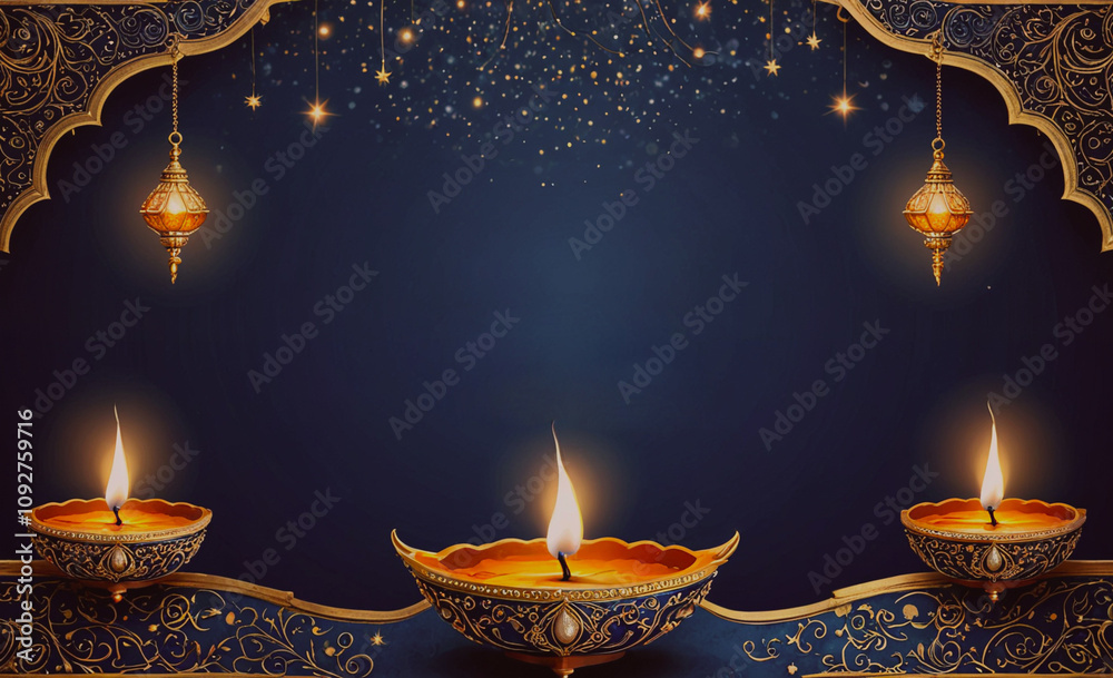Poster blue background with three lit candles in the middle. the candles are lit and are creating a warm an
