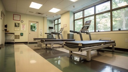 Spacious physical rehabilitation area featuring therapy tables and treadmills for patient use