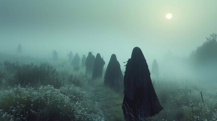 Figures in dark cloaks move silently through a fog-covered landscape as dawn breaks