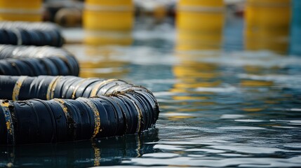Fototapeta premium Oil Spill Management Concept, Rows of Floating Containment Booms in a Calm Water Area, Effectively Managing Pollution and Protecting the Marine Environment From Contaminants