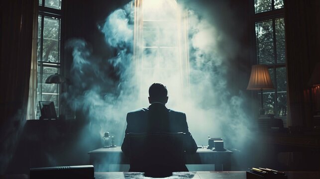 A political scientist contemplates critical issues in a dimly lit office filled with smoke
