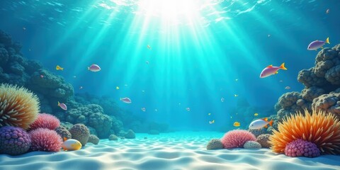 Obraz premium Vibrant underwater scene showcasing colorful coral reefs, marine life, and sun rays filtering through the water, perfect for nature, travel, or eco-friendly projects.