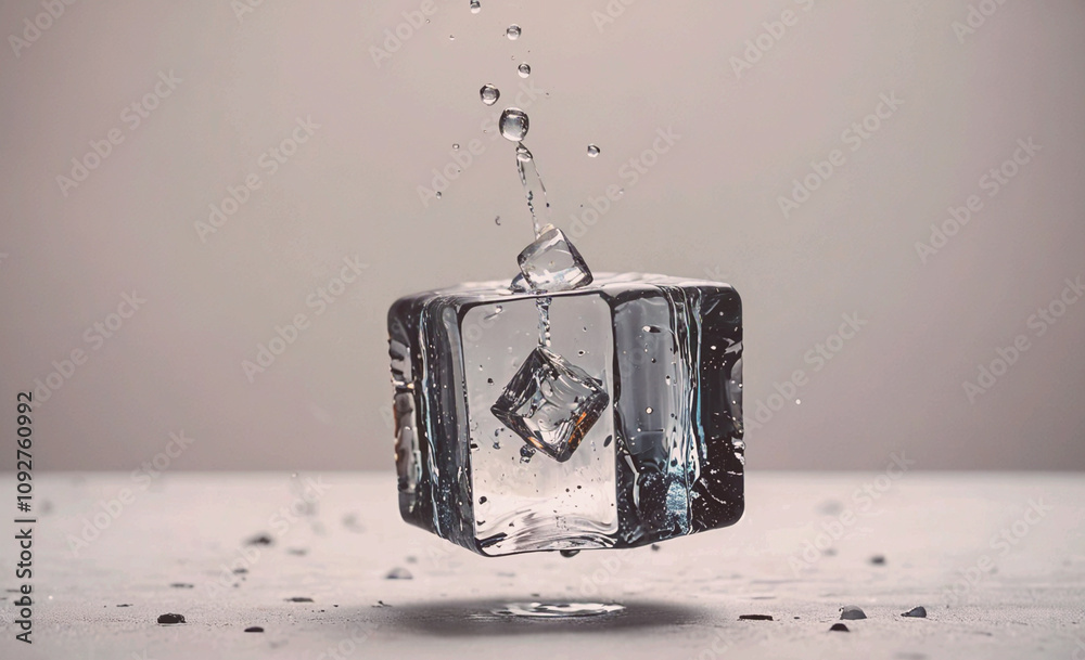 Poster large cube of ice is floating in a glass of water, causing the water to splash out of the glass. the