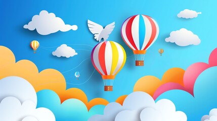 A paper cut illustration of colorful hot air balloons floating in a blue sky with white and colorful clouds.