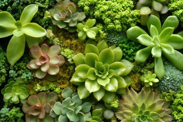 Variety of succulent plants in vibrant green tones arranged artfully in an indoor display