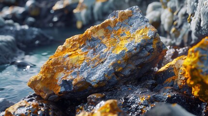 A large rock containing uranium ore displays bright colors beside a small water body in nature