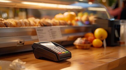A contactless payment terminal rests on a wooden counter next to fresh pastries and fruits