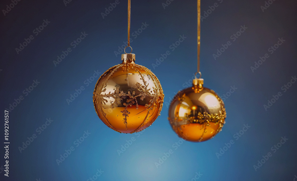 Poster Two golden ornaments hanging from a string. One is on the left and the other is on the right