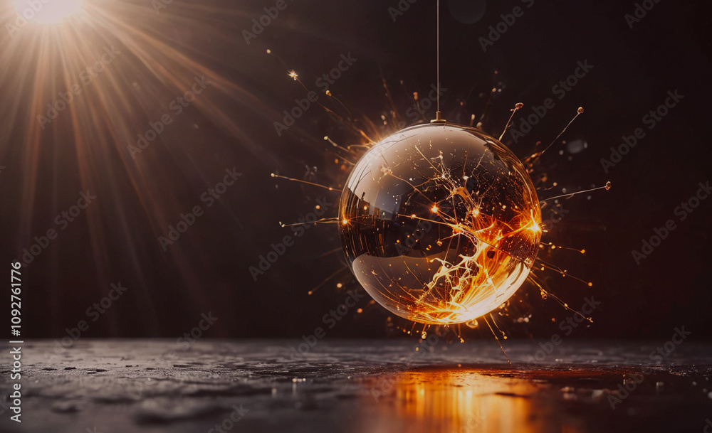 Poster large, glowing sphere with a string hanging from it. the sphere is surrounded by a dark background