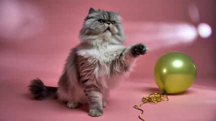 Persian cat reaching for green balloon