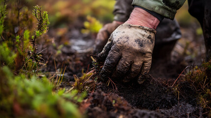 Obraz premium Close-Up of a Skilled Irish Peat Cutter Emphasizing Craftsmanship and Tradition Among Rich Earthy Textures