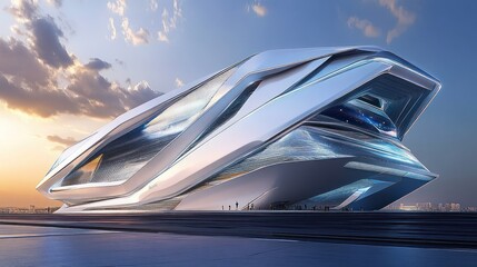 Obraz premium A futuristic architectural design featuring sleek lines and glass elements against a sunset backdrop.