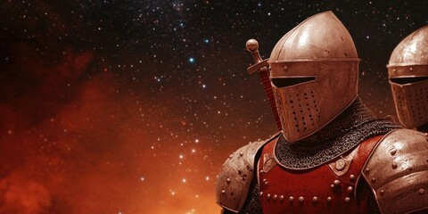 Fototapeta premium A knight in shining armor stands against a fiery cosmic backdrop, combining elements of medieval and fantastical themes.
