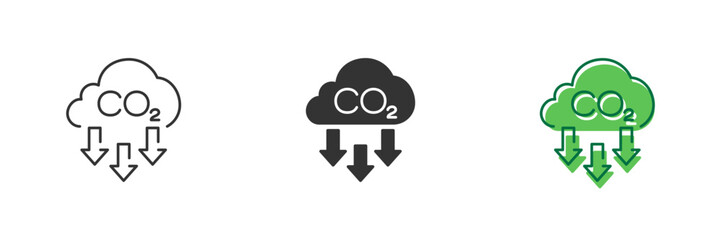 Obraz premium CO2 Reduction Line and Silhouette Icon Set. Carbon Emissions Reduction Icon with Arrows. Reduction Greenhouse CO2 with Cloud Emission Pictogram. Editable Stroke. Isolated Vector Illustration