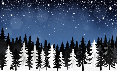 winter forest, silhouette trees, night sky, starry sky, snow-covered landscape, pine trees, spruce trees, white and black contrast, moonlit scene, serene atmosphere, ethereal glow, minimalist style, N