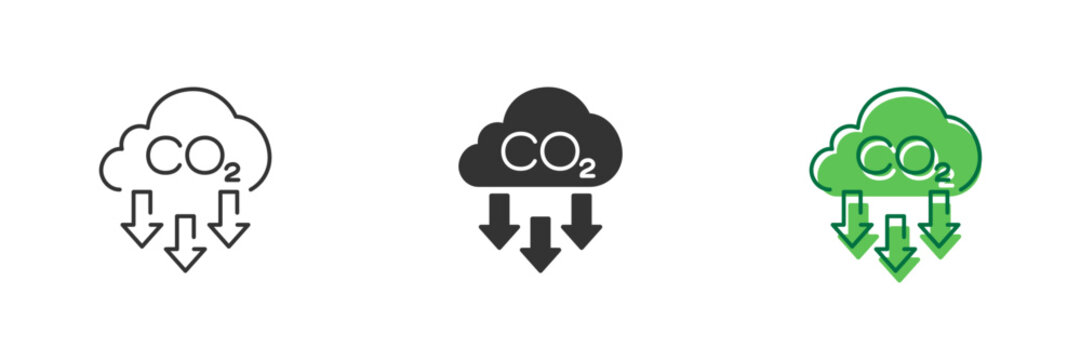 CO2 Reduction Line and Silhouette Icon Set. Carbon Emissions Reduction Icon with Arrows. Reduction Greenhouse CO2 with Cloud Emission Pictogram. Editable Stroke. Isolated Vector Illustration